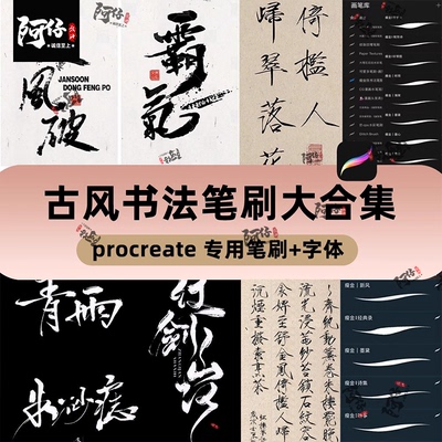 procreate笔刷古风书法水墨写字手写瘦金体中文板写毛笔ipad字体