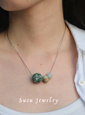 「薄荷糖粒」自制通体925纯银天然绿点石蛇骨链项链通勤毛衣链