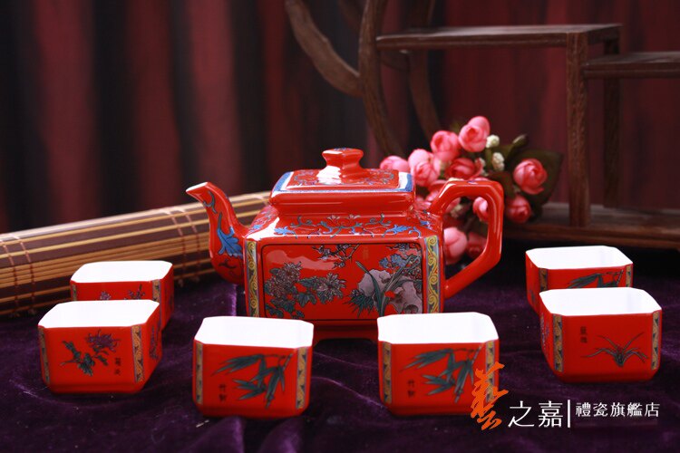 醴陵瓷器 中国红瓷 堆彩 四君子七头茶具 高档礼品茶具套装