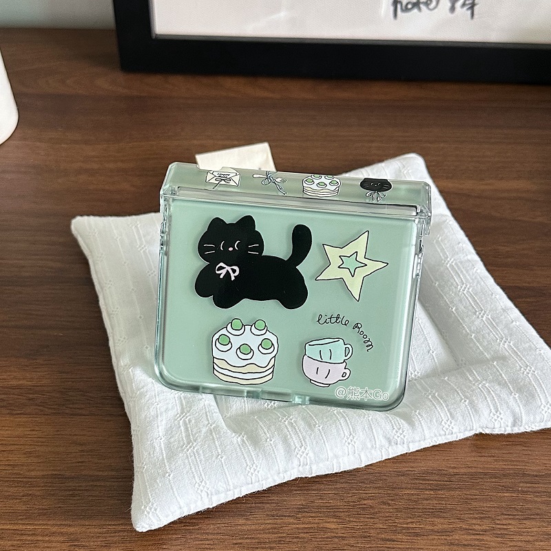 可爱小黑猫插画适用华为PuraX手机壳pocket2三星ZFLIP6/5铰链保护壳小米Mixflip半透明OPPOn3flip荣耀V挂链款