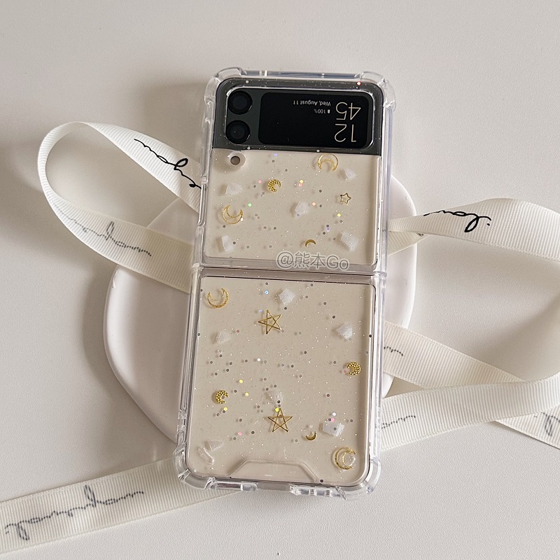 闪粉星空金箔透明适用三星zflip4/5手机壳Z flip6亚克力软壳华为P50pocket2 S水晶链条保护壳w23flip可爱挂绳
