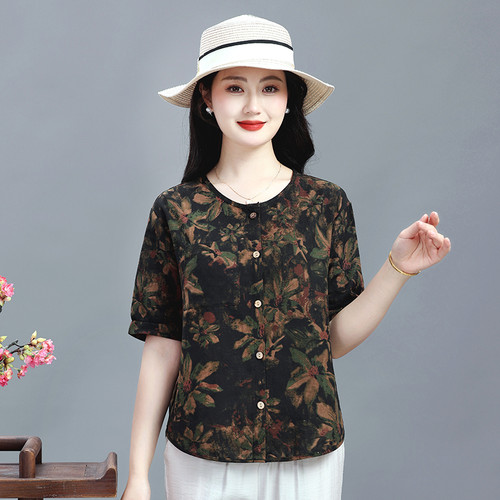 中老年女装夏季棉麻短袖T恤衬衫