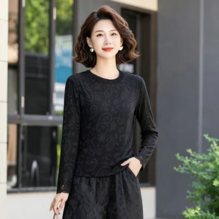 女秋装长袖T恤蕾丝打底衫圆领小衫内搭中老年妈妈时尚纯色上衣
