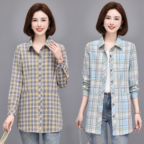 中长款格子衬衫中老年女妈妈装