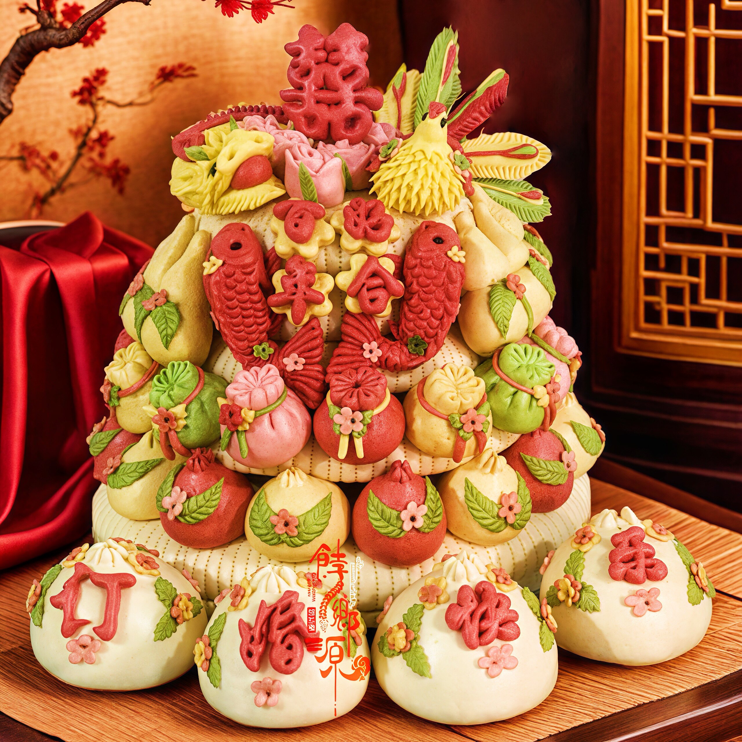 结婚花馍蛋糕盆鱼出嫁喜馍龙凤呈祥订婚喜饽饽花糕山东胶东大馒头