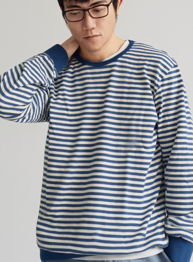 Arba设计 K13春 秋冬经典法式复古海盐蓝白条纹新疆棉针织毛衣