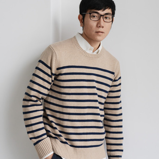 美利奴羊静奢毛衣 春秋冬复古卡其蓝条纹新疆棉 Arba设计 K03