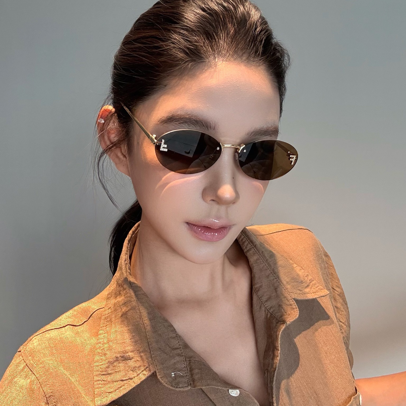 弗瑞姆眼镜椭圆镶钻太阳镜女ins无框F太阳时尚显脸小网红墨镜141