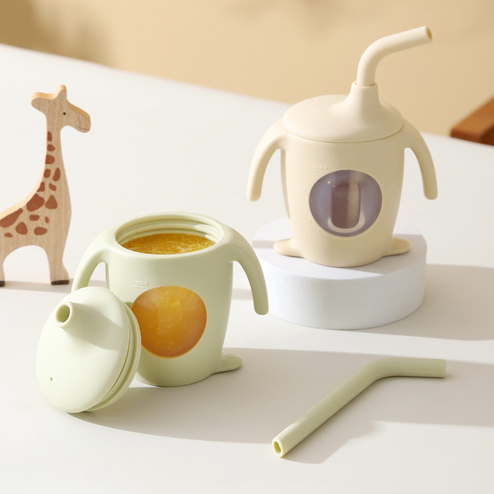 英国NORVIN儿童吸管杯硅胶果汁杯带手柄宝宝学饮杯卡通企鹅鸭嘴杯