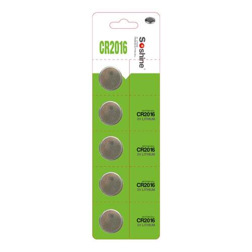 Soshine CR2016 Battery CR2016 锂电3v 75mah 5只一卡纽扣电池
