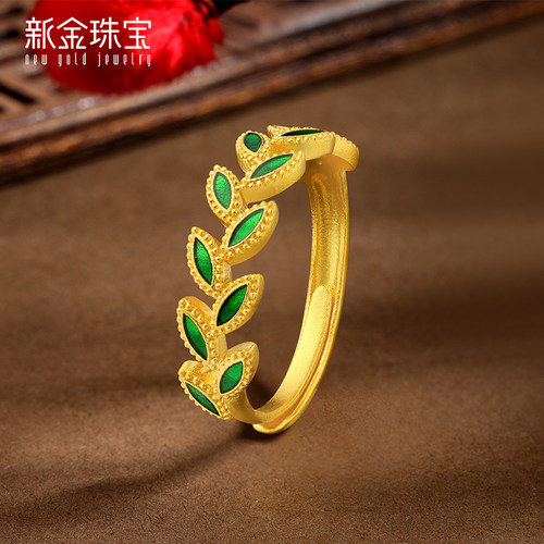 新金黄金珐琅柳叶戒指活口可调