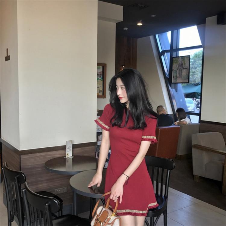 1801夏季新款港味温柔风红色连衣裙