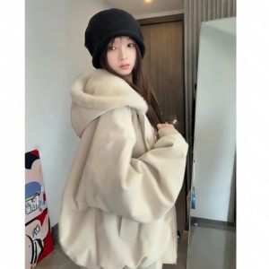 网图 连帽座山雕pu皮加绒荔枝纹 皮毛毛领棉衣外套 G1165P75图片