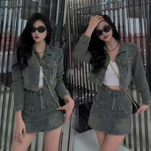 2025春秋季新款韩版时尚休闲牛仔短裤裙套装女水洗做旧外套两件套