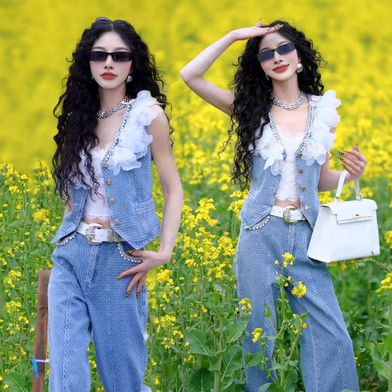 新款减龄小香风牛仔套装女2025夏季时尚花边无袖马甲牛仔裤两件套,女装/女士精品,时尚套装,淘宝优惠券,粉丝福利购,淘宝优惠卷