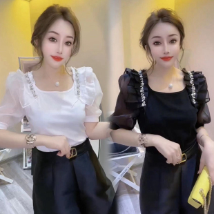 时尚 韩版 方领短袖 T恤女钉珠荷叶边显瘦泡泡袖 2025年夏季 半袖 新款