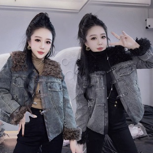 短款 牛仔羊羔毛外套女秋冬加棉厚保暖港风复古皮毛一体棉衣派克服