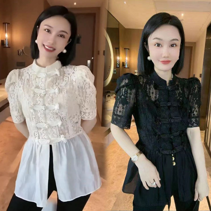中式国潮风盘扣短袖蕾丝衫女2026春秋季新款洋气收腰显瘦提花唐装