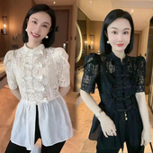 国潮风盘扣短袖 洋气收腰显瘦提花唐装 蕾丝衫 新款 女2026春秋季 中式