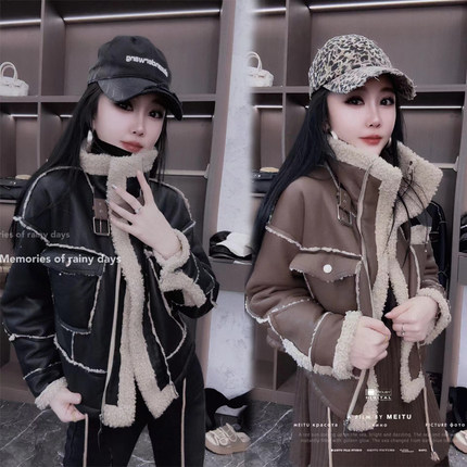 冬季新款仿羊羔毛短外套女洋气加绒加厚保暖皮毛一体机车服上衣潮