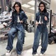 休闲宽松外套阔腿弯刀裤 时尚 两件套潮 女春秋2026新款 复古牛仔套装