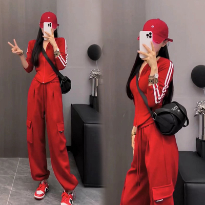 时尚休闲运动服套装女束脚工装裤