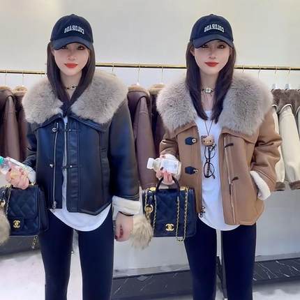 欧货加绒加厚保暖皮毛一体外套女冬季新款韩版时髦大毛领PU皮夹克