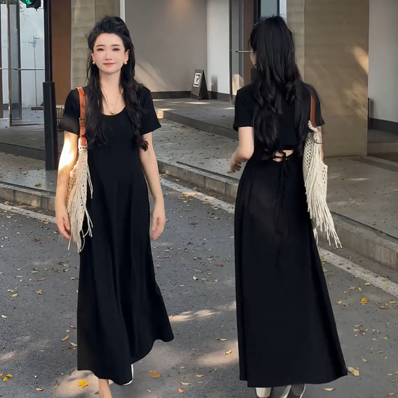 韩系镂空露腰短袖连衣裙女夏季2025新款简约百搭修身显瘦黑色长裙,女装/女士精品,连衣裙,淘宝优惠券,粉丝福利购,淘宝优惠卷