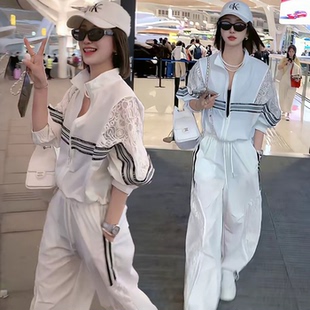 韩版镂空拼接蕾丝休闲运动套装女2026春夏新款宽松透气防晒两件套