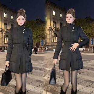 2025冬新款韩版时尚中长款棉服外套女高级感黑色立领收腰显瘦加厚