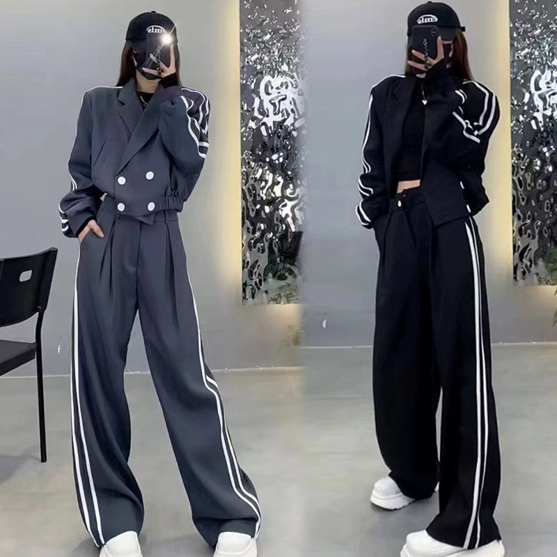 2025春秋新款韩版时尚休闲西装套装女短西服外套高腰阔腿裤两件套,女装/女士精品,休闲运动套装,淘宝优惠券,粉丝福利购,淘宝优惠卷