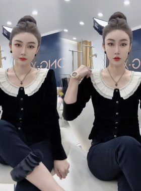 欧货金丝绒娃娃领打底衫T恤小衫