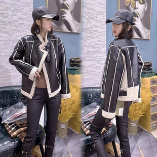 皮毛一体拼接羊羔毛外套女加绒加厚机车棉服皮衣 韩版 2026冬季 新款