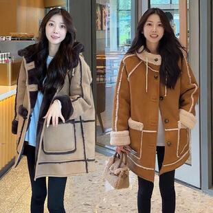 保暖加绒加厚皮毛一体外套女冬季 连帽宽松仿鹿皮绒中长宽大衣 新款