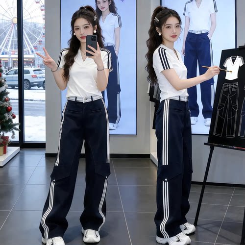 夏季休闲运动套装女工装裤两件套