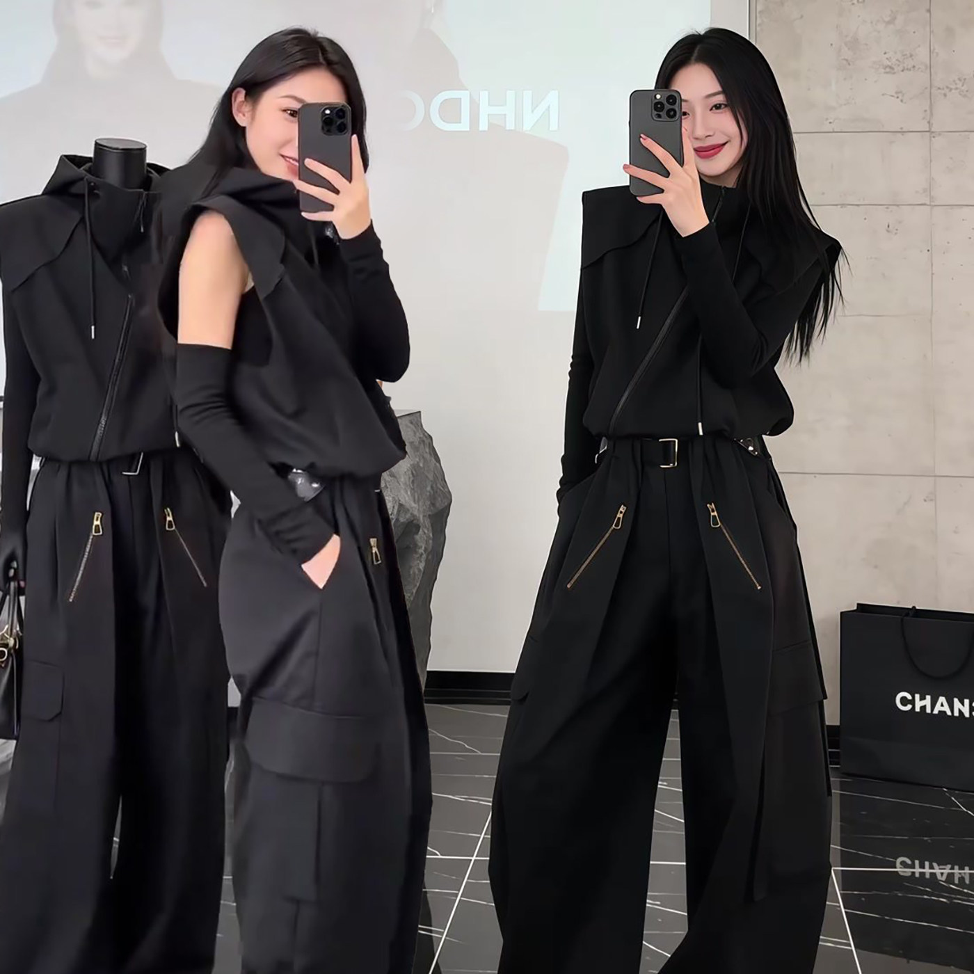 2026春秋新款韩版酷感斜拉链设计休闲套装女连帽马甲阔腿裤两件套