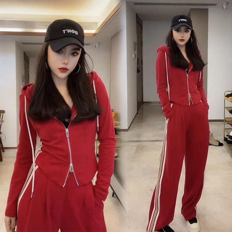 2024 봄 가을 새로운 한국어 스타일 캐주얼 스포츠 정장 여성의 느슨한 기질 탑 넓은 다리 바지 투피스 세트