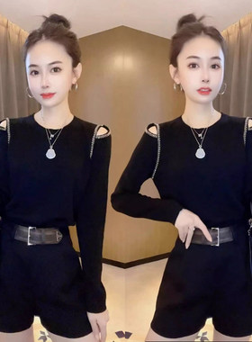 露肩长袖T恤女修身显瘦打底小衫