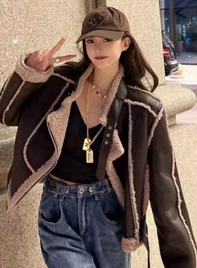 仿皮毛一体羊羔毛外套机车PU皮衣