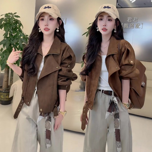 高级感复古机车风短款皮衣女春秋