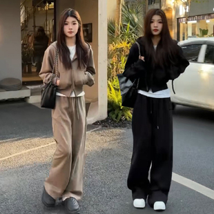 女连帽卫衣卫裤 上衣阔腿裤 春秋季 收腰长袖 新款 慵懒风休闲运动套装