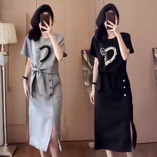 洋气蝴蝶结短袖 裙女2025夏新款 上衣显瘦开叉裙 套装 设计感休闲时尚