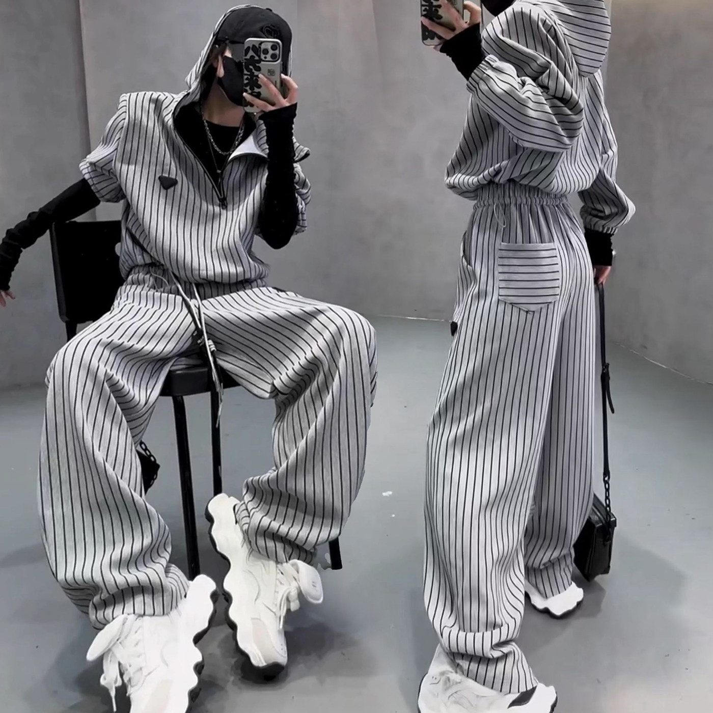 春秋新款休闲运动服套装女设计感斜拉链显瘦连帽卫衣阔腿裤两件套,女装/女士精品,休闲运动套装,淘宝优惠券,粉丝福利购,淘宝优惠卷