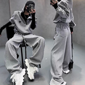 两件套 女设计感斜拉链显瘦连帽卫衣阔腿裤 春秋新款 休闲运动服套装