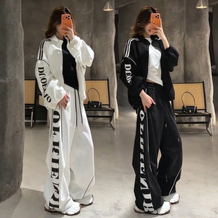 潮牌酷帅休闲运动套装女装秋季新款字母印花开衫卫衣阔腿裤两件套