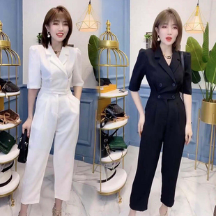 高腰连体衣裤女欧洲站2026夏季新款收腰显瘦西服领时髦休闲九分裤
