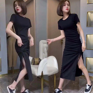开叉连衣裙女2026夏季新款韩版气质抽绳不规修身性感包臀中长裙子