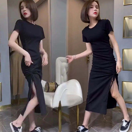 开叉连衣裙女2026夏季新款韩版气质抽绳不规修身性感包臀中长裙子