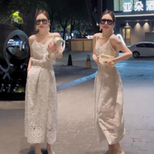 裙女时尚 洋气减龄蕾丝吊带套装 勾花镂空背心半身裙两件套 新款 夏季