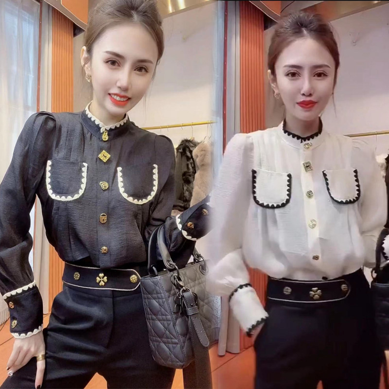 欧洲站2025春秋新款时尚洋气衬衣拼色小香风立领泡泡袖打底衬衫女,女装/女士精品,衬衫,淘宝优惠券,粉丝福利购,淘宝优惠卷